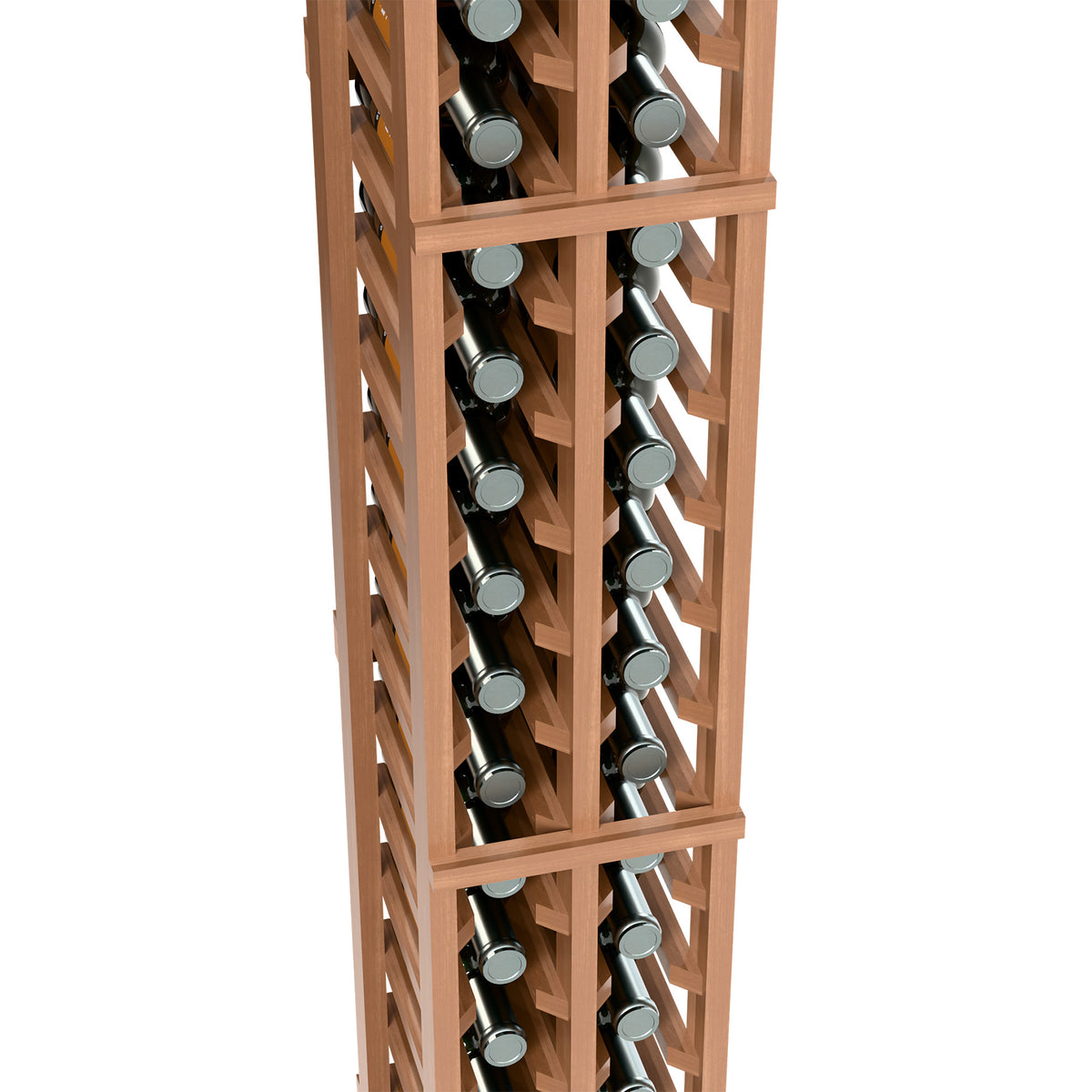 Two-column split wine bottle rack, light wood lattice with bottles in vertical slots