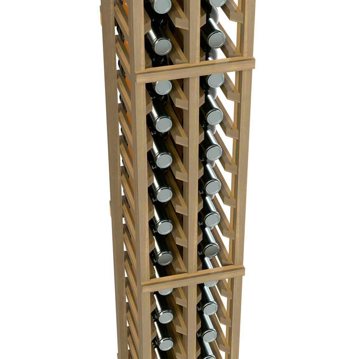 Close view of light wood two-column split wine bottle rack with bottles in cubby slots