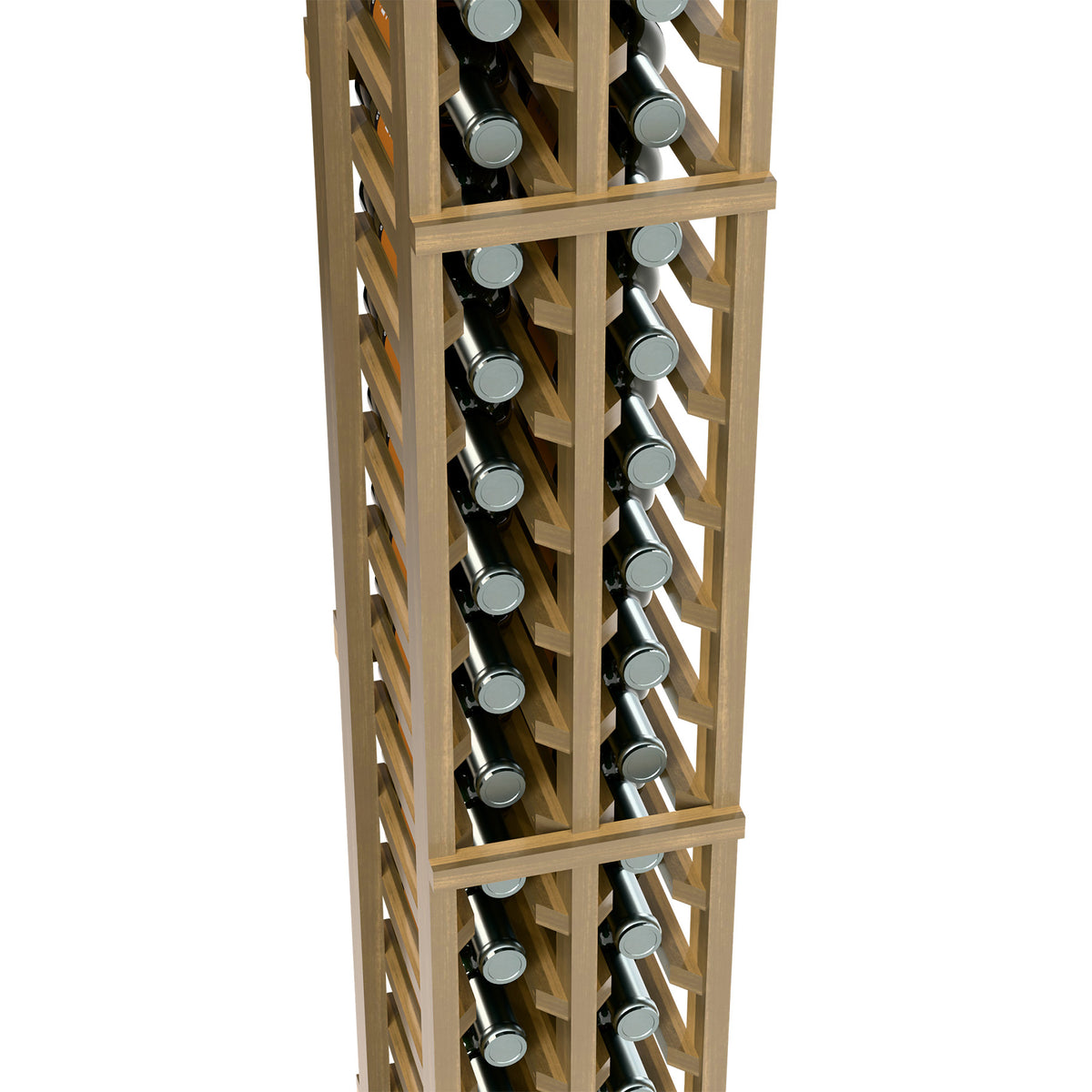 Two-column split wine bottle rack detail: light wood frame holding bottles upright