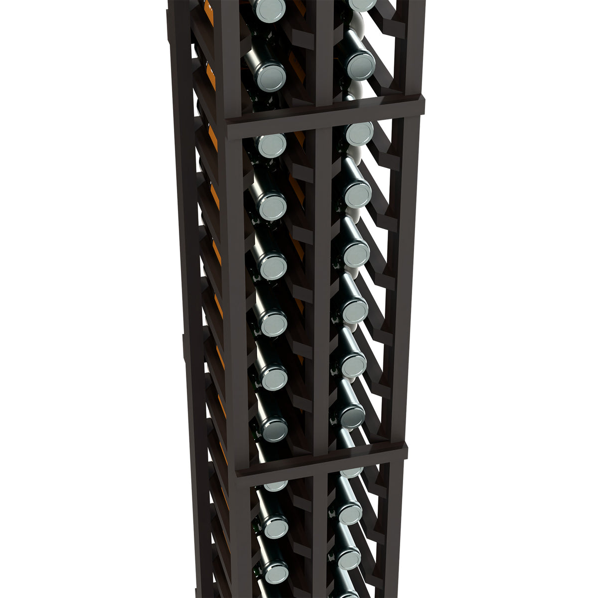 Two-column split wine bottle rack, dark wood lattice with bottles in vertical slots