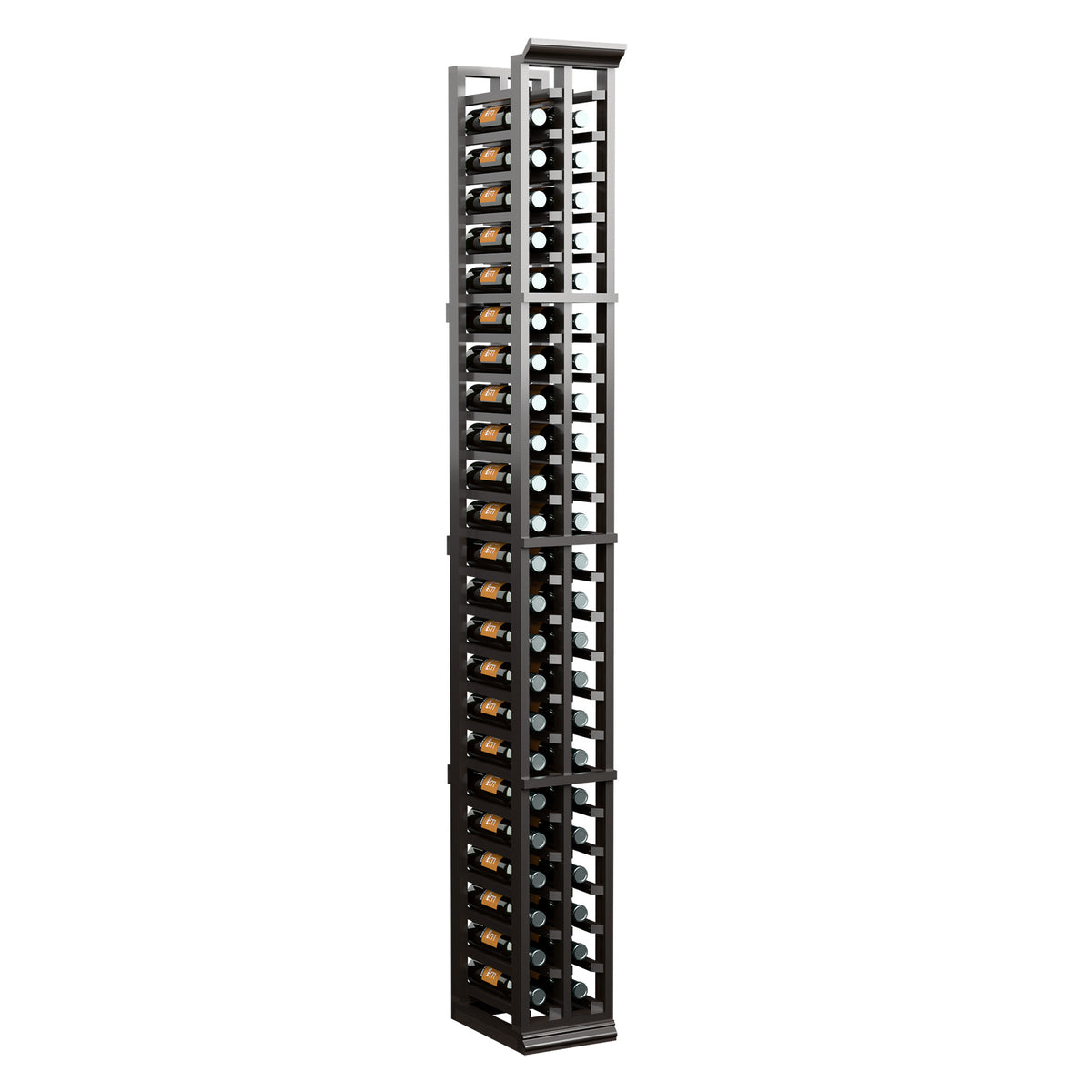 Dark wood 6ft two-column split wine bottle rack with bottles arranged in two rows