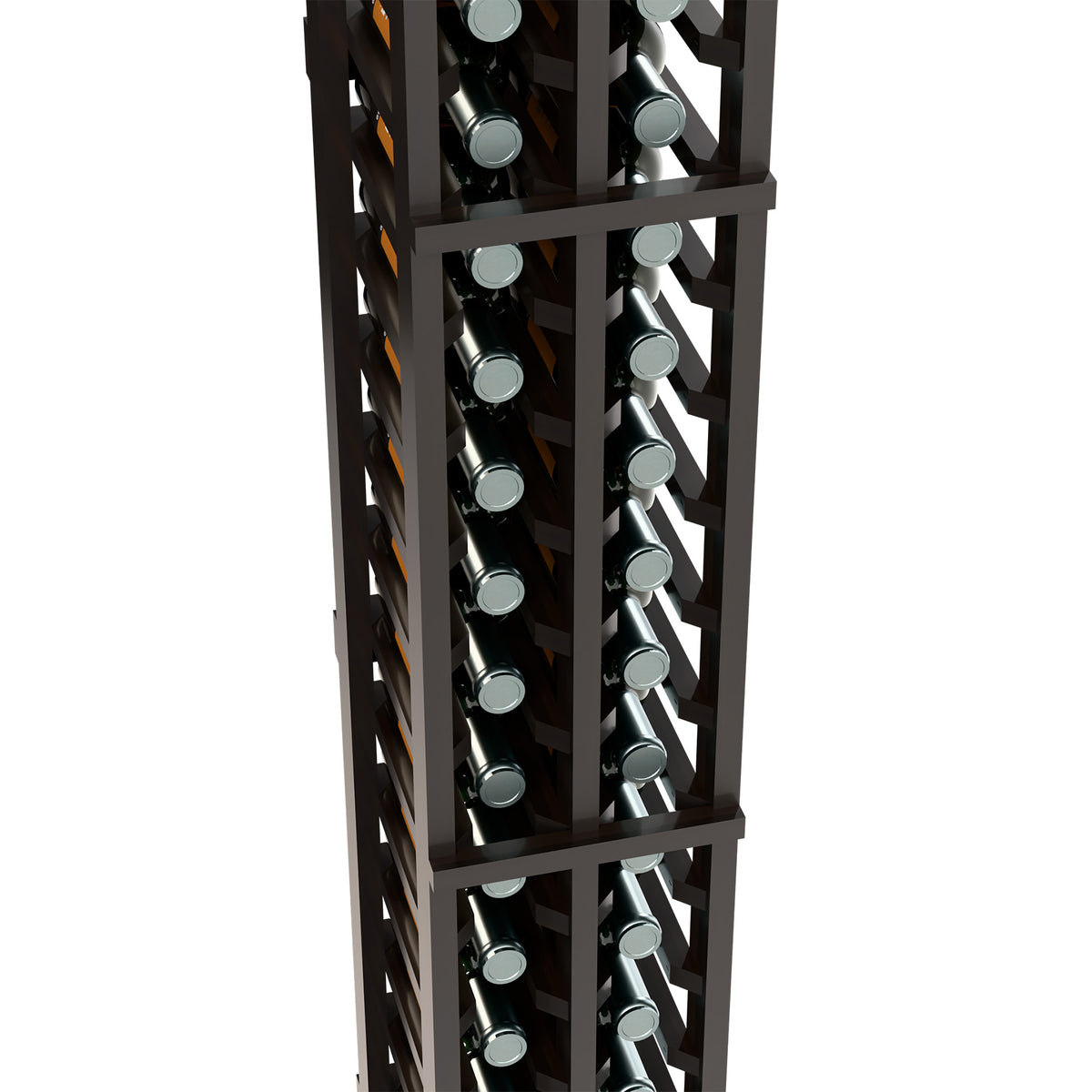 Close view of dark wood two-column split wine bottle rack with bottles in cubby slots