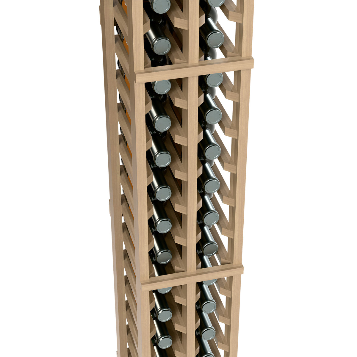 Light wood 2-column split bottle rack close-up of angled bottle slots