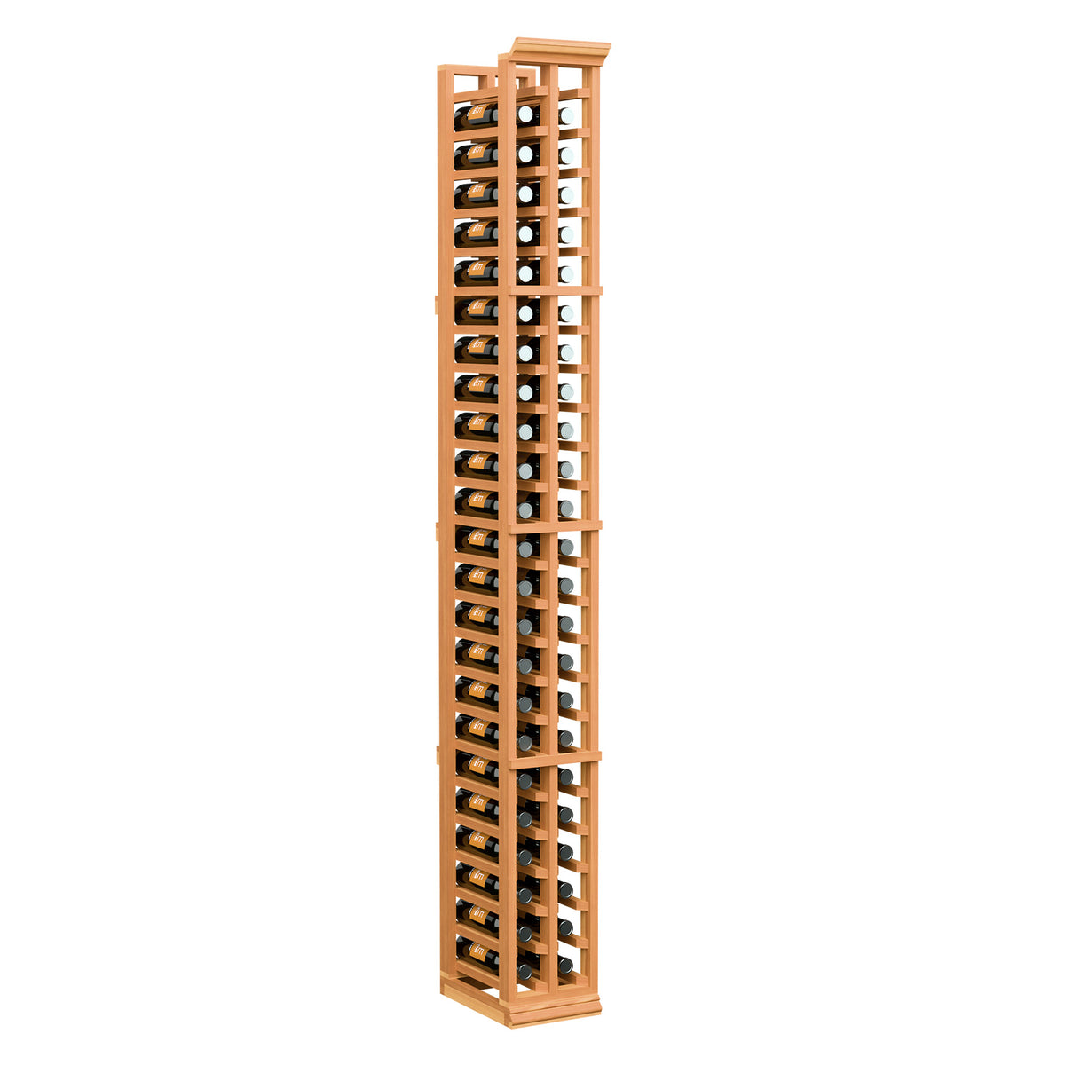 Orange-stained 2-column split bottle rack with vertical rows of bottle slots