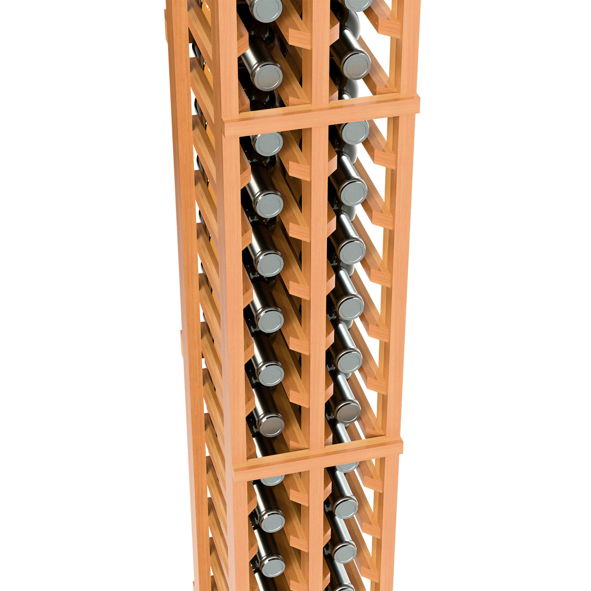 Orange-stained 2-column split bottle rack close-up of angled bottle slots