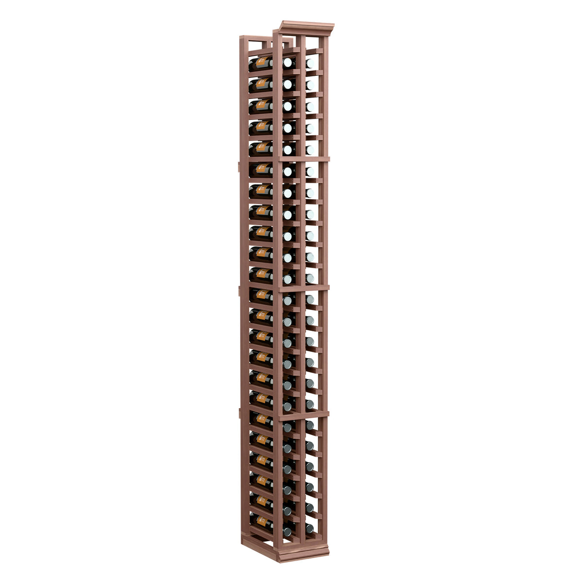 Dark wood 2-column split bottle rack with vertical rows of angled bottle slots