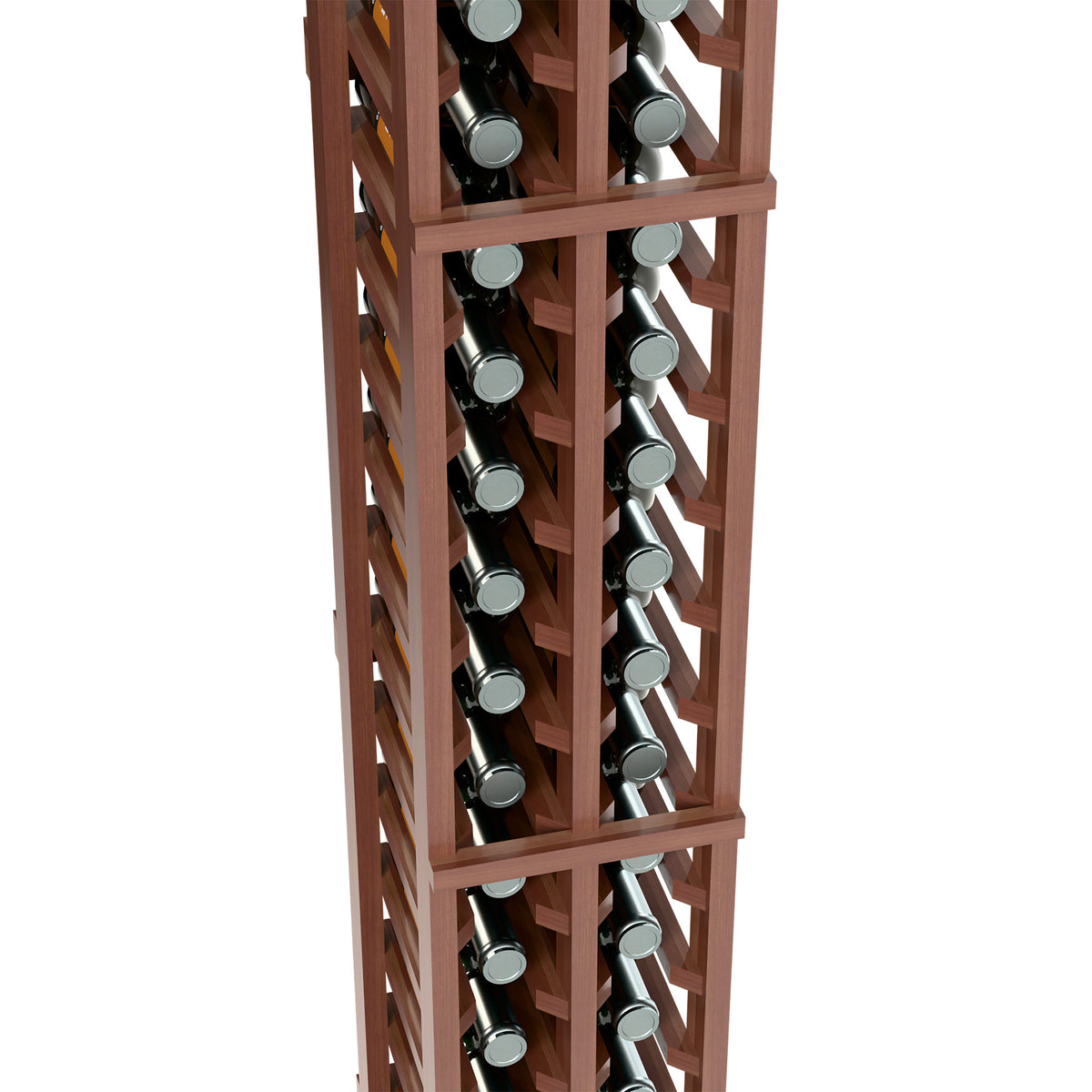 Wood wine bottle rack close-up showing two bottle columns with bottle necks in slots