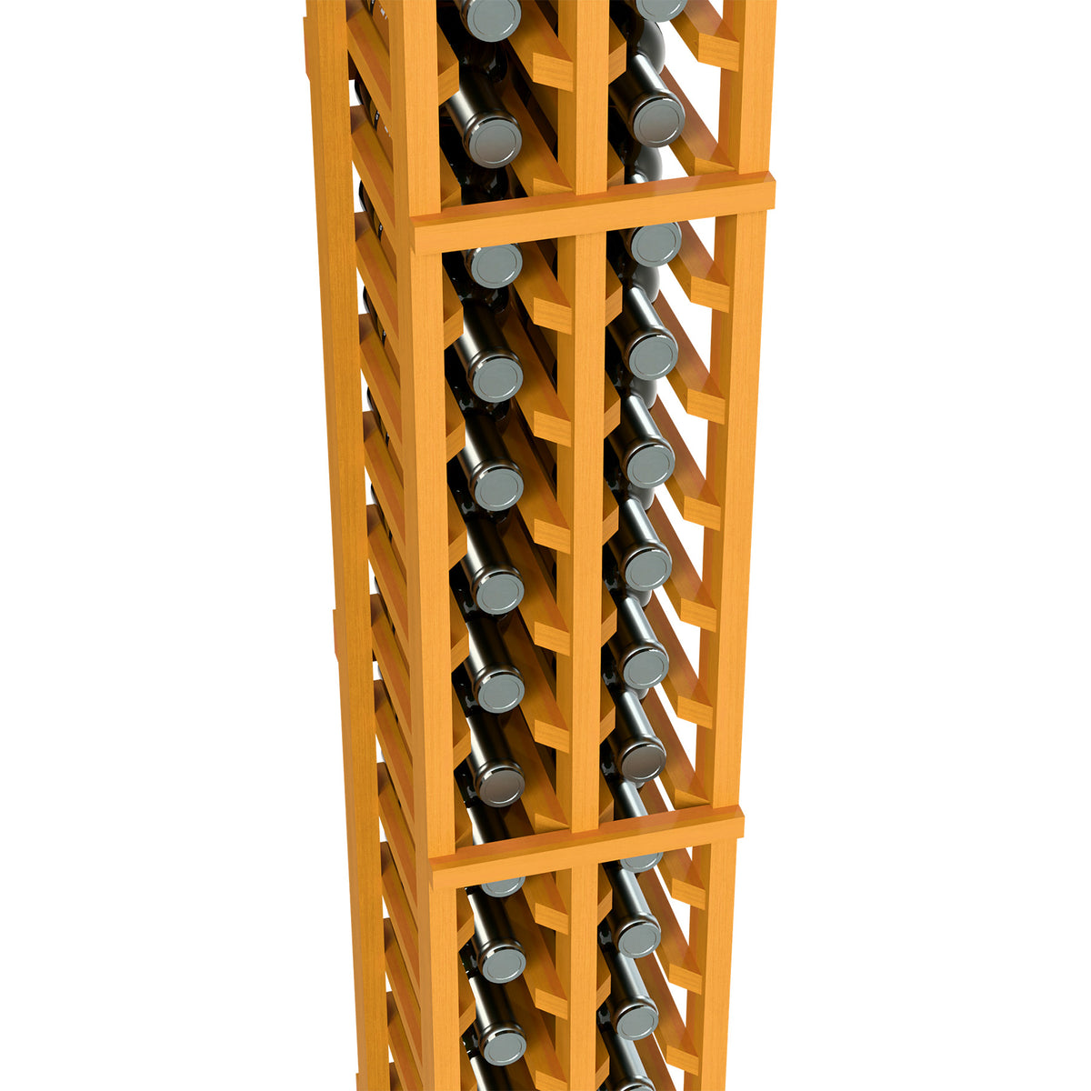 Light wood wine bottle rack close-up with two bottle columns and crisscross slat frame