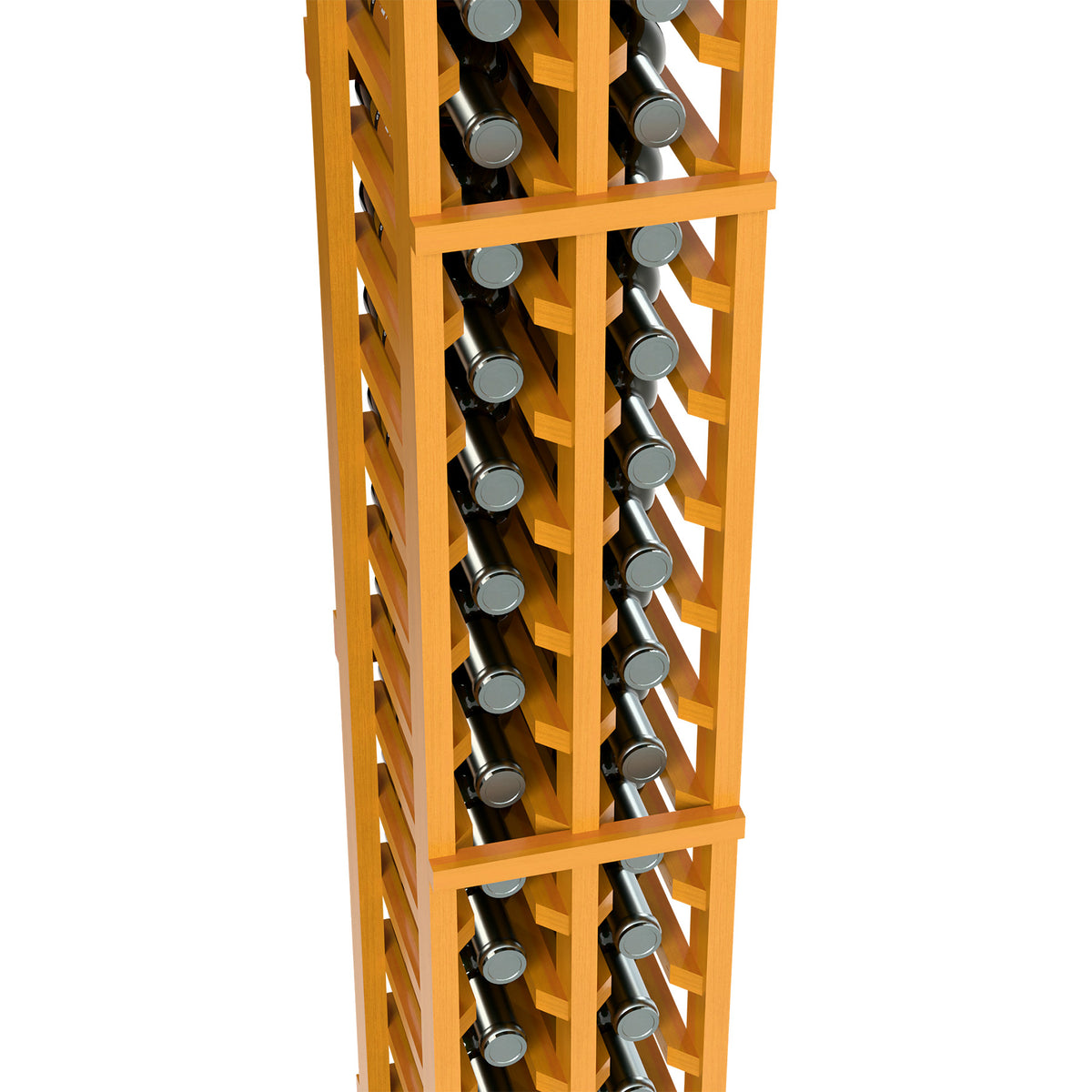 Orange wood wine bottle rack close-up showing two columns of stored wine bottles