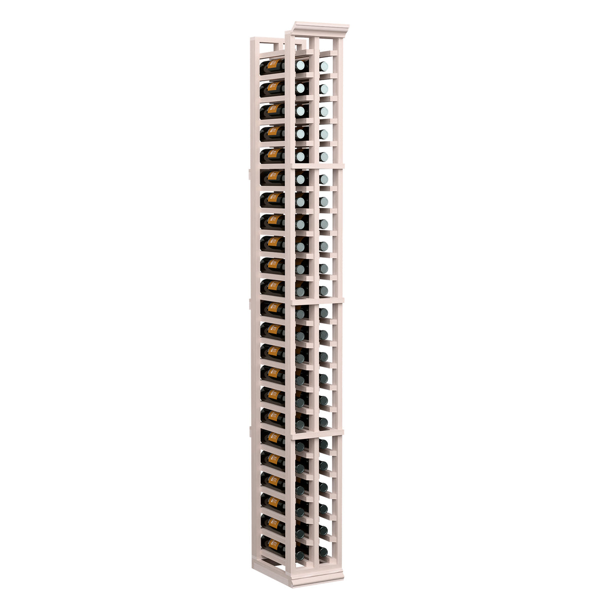 Pale wood wine bottle rack with two vertical rows of bottle slots and tall frame