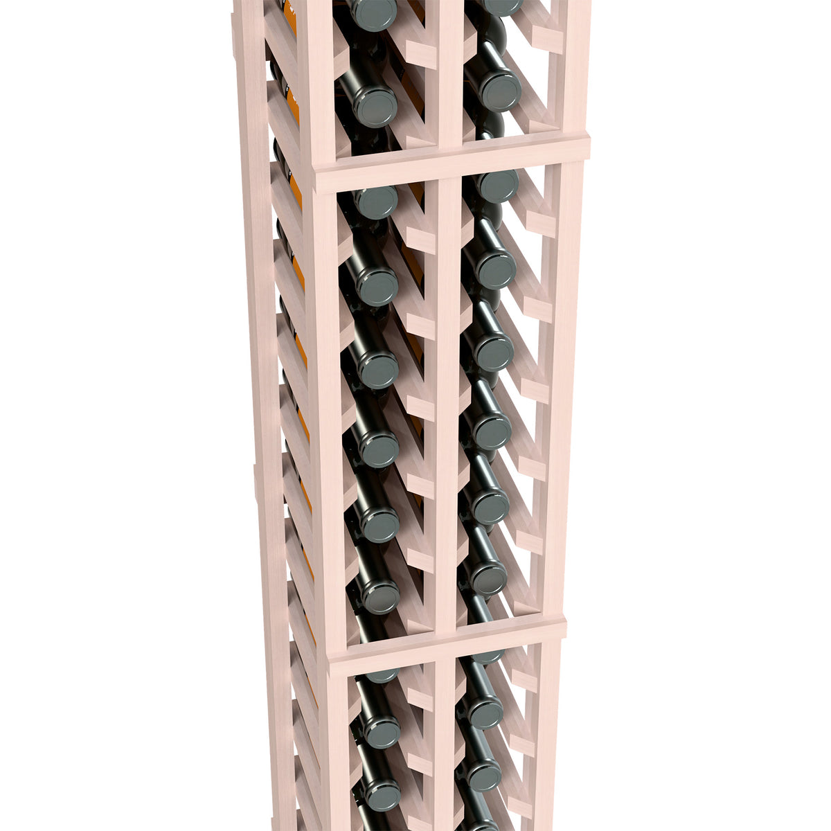 Pale wood wine bottle rack close-up with two bottle columns and bottle shoulders in slots