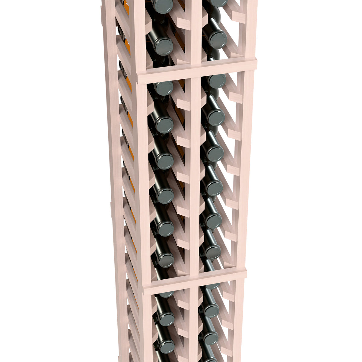 Pale wood wine bottle rack close-up showing two columns of wine bottles in slots