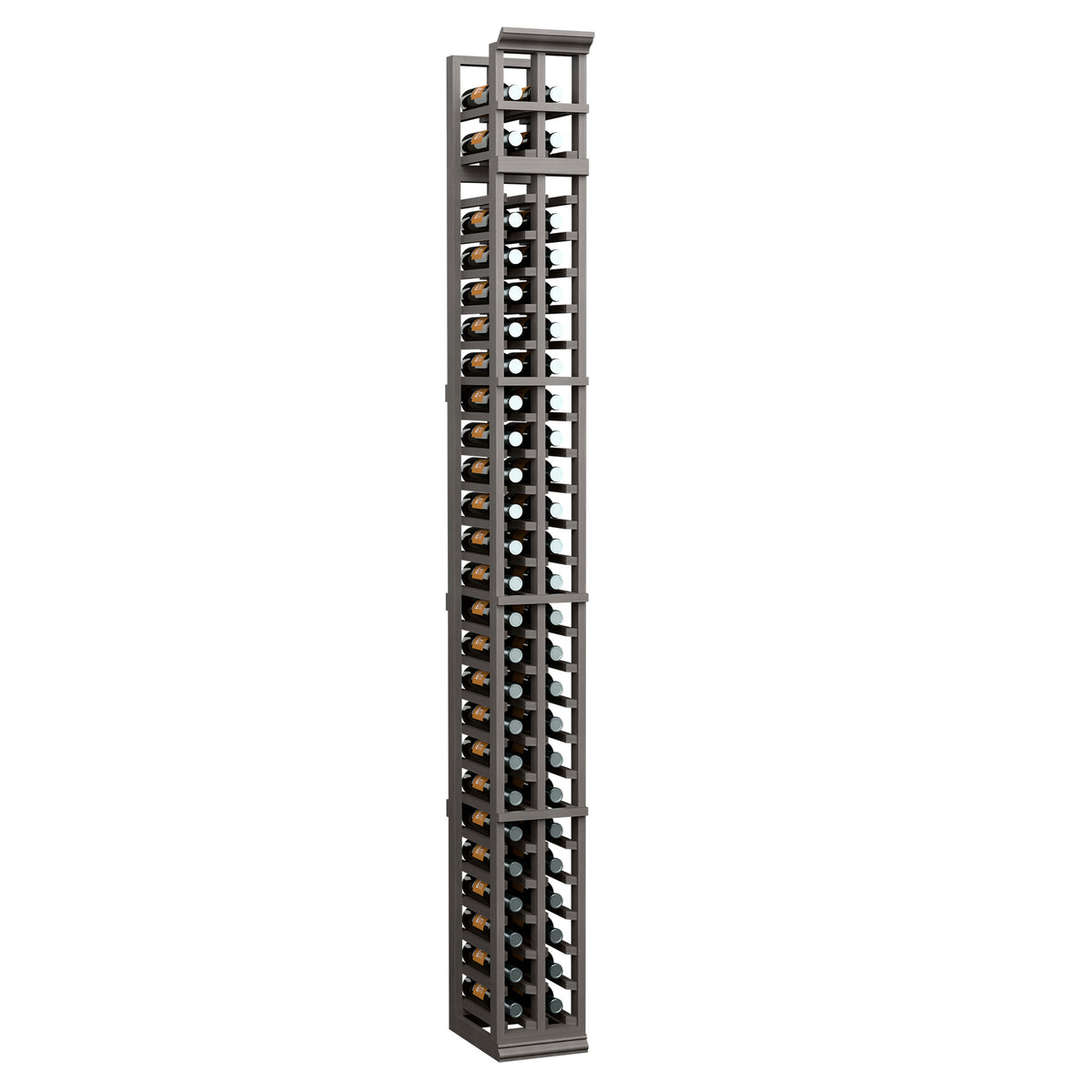 Two-column bottle rack with dark stained frame and glass bottle slots