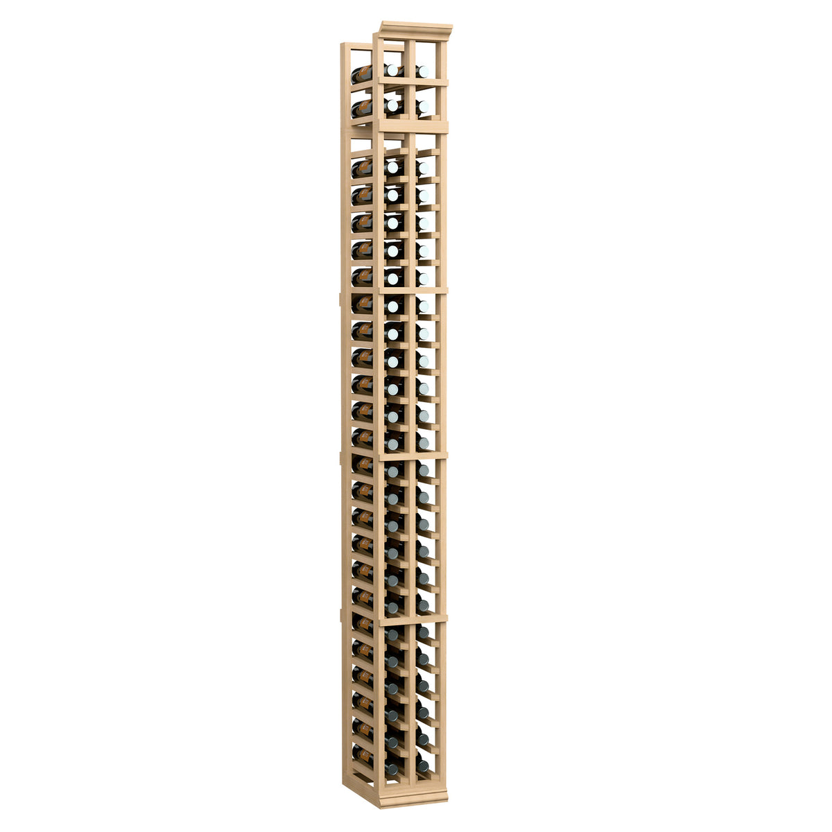 Two-column bottle rack with light natural wood frame and bottle slots