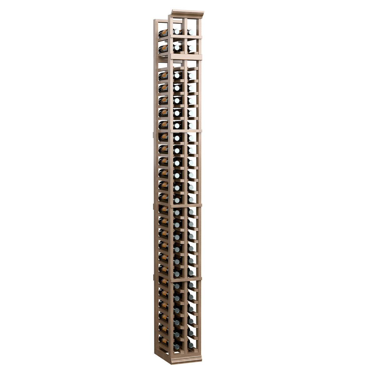 Two-column bottle rack with medium brown frame and open vertical bottle bays
