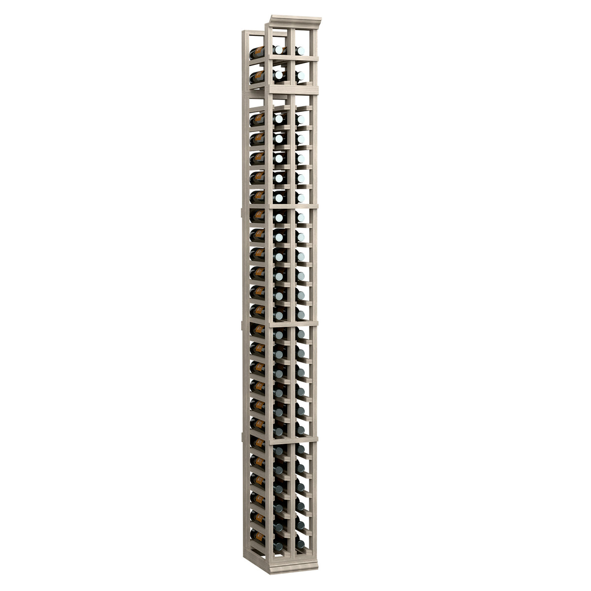 Two-column split wine bottle rack, dark grey wood frame with bottle-cubby grid