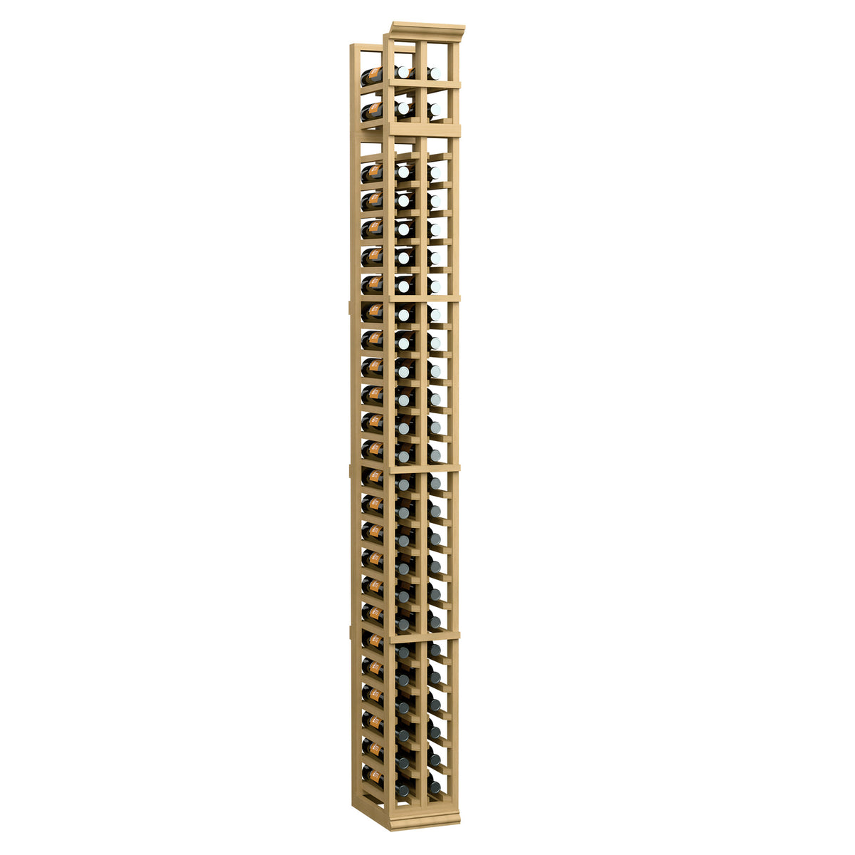 Two-column split wine bottle rack, light natural wood with bottle-cubby grid