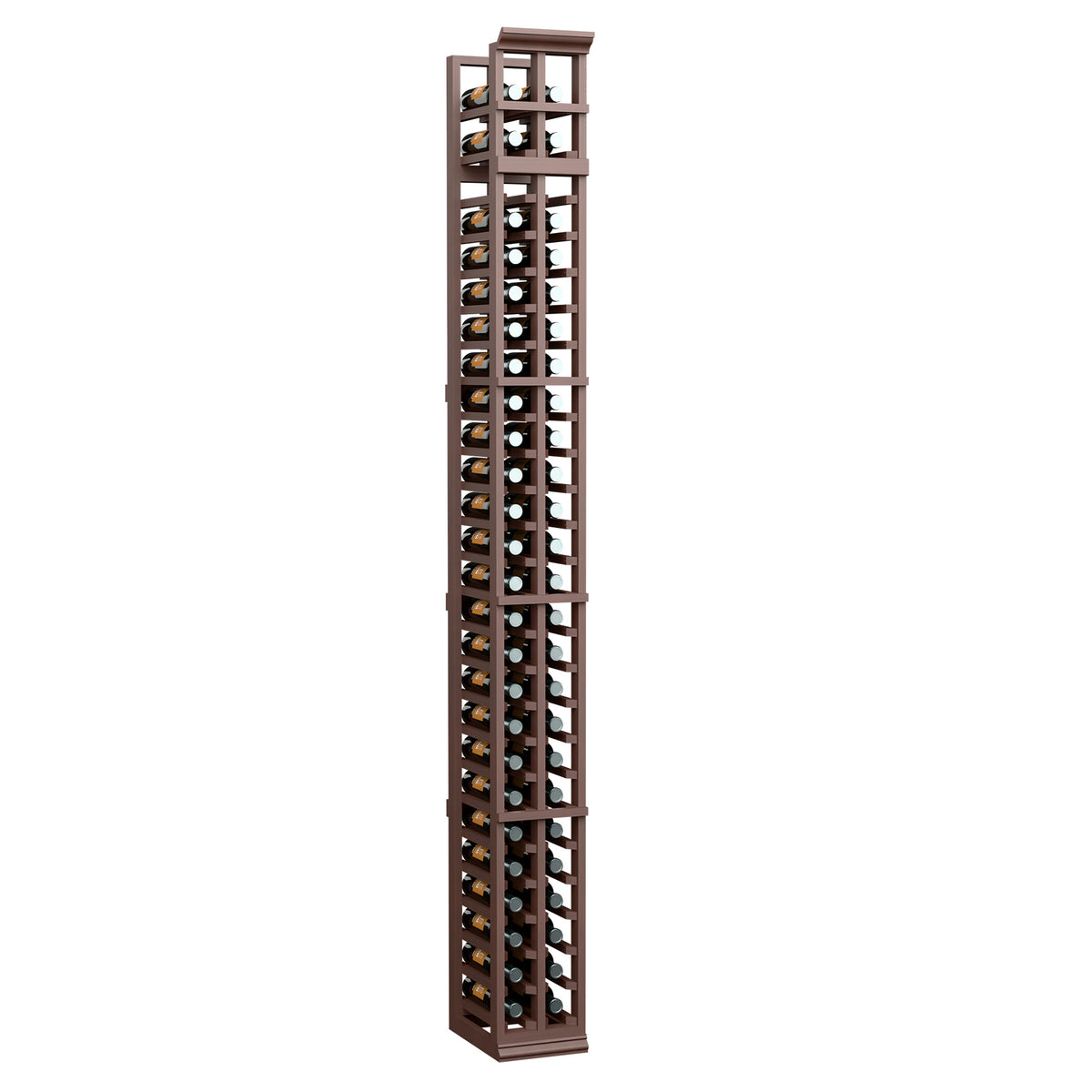 Two-column split wine bottle rack, rich dark brown wood with bottle-cubby grid