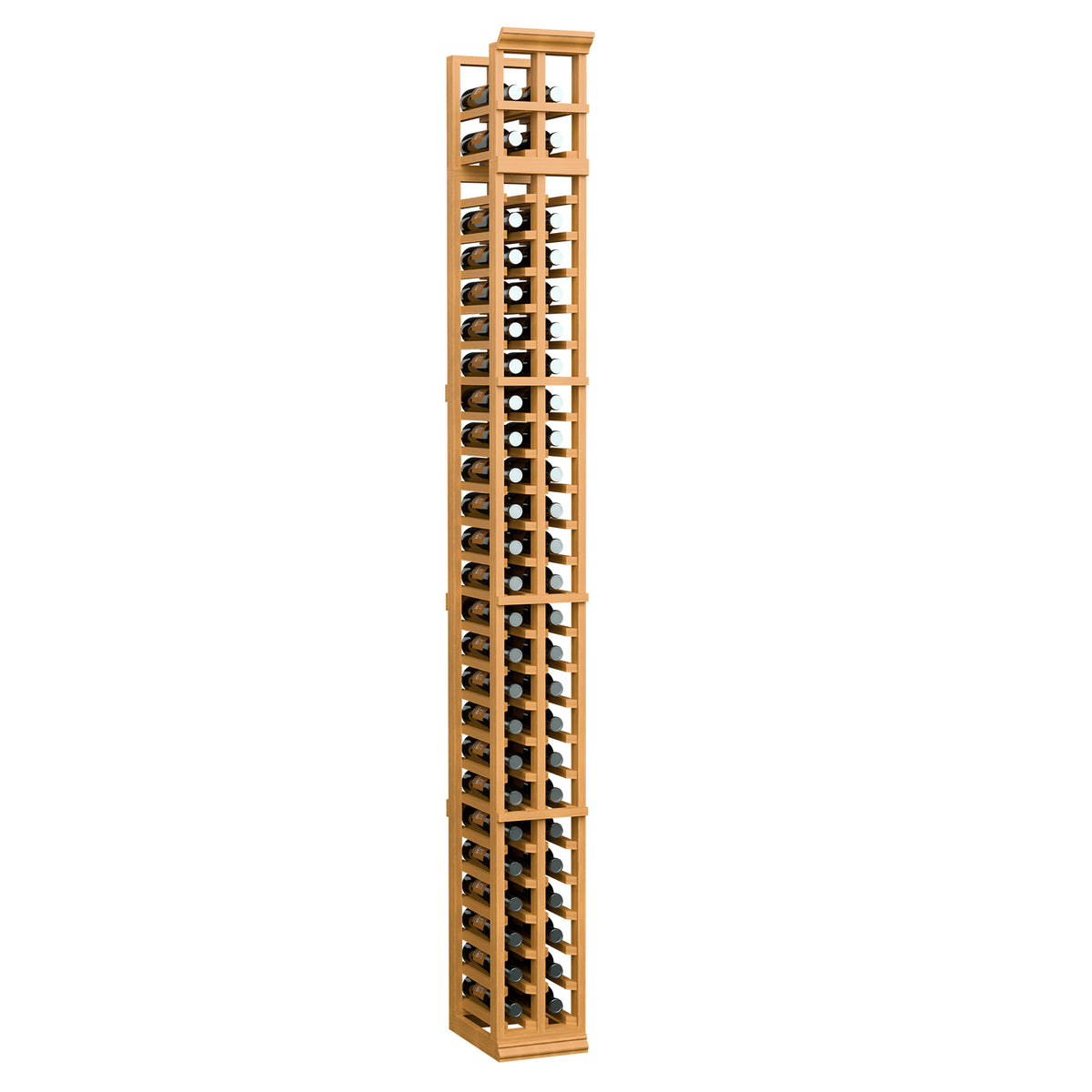 Two-column split wine bottle rack, warm honey wood with bottle-cubby grid
