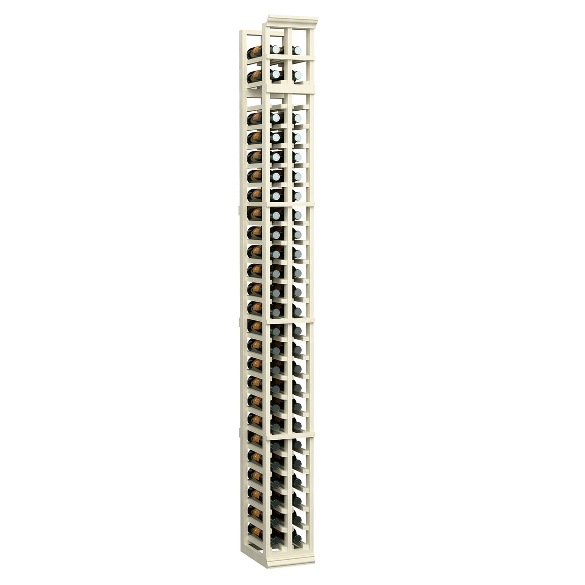Two-column split wine bottle rack, white-washed wood with bottle-cubby grid