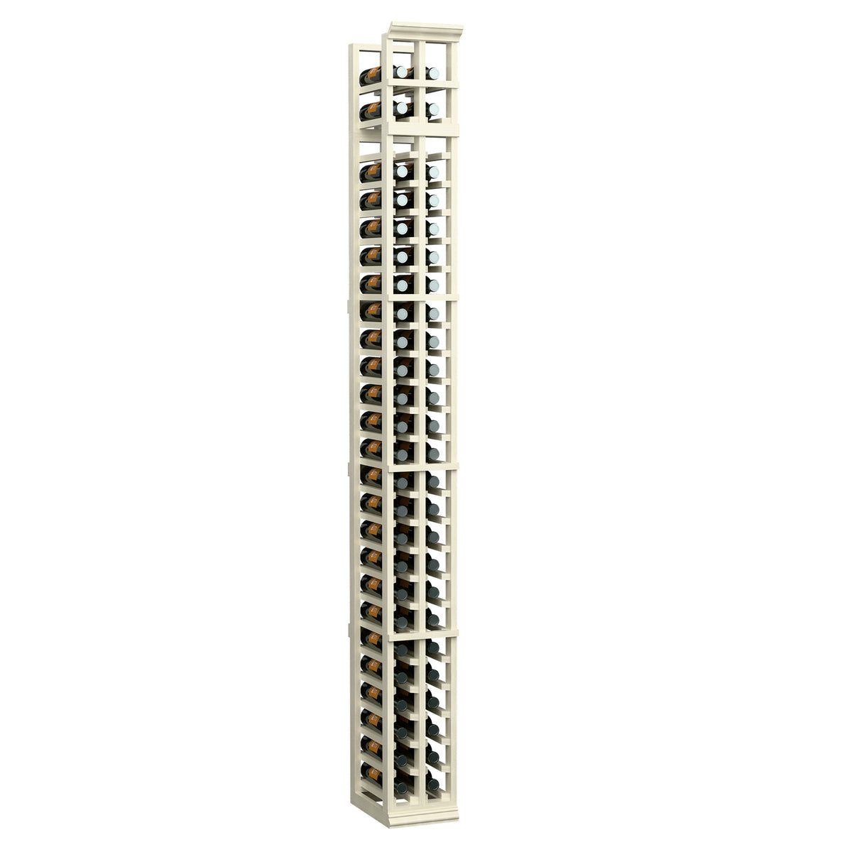 Two-column split wine bottle rack, white-washed wood with vertical bottle slots