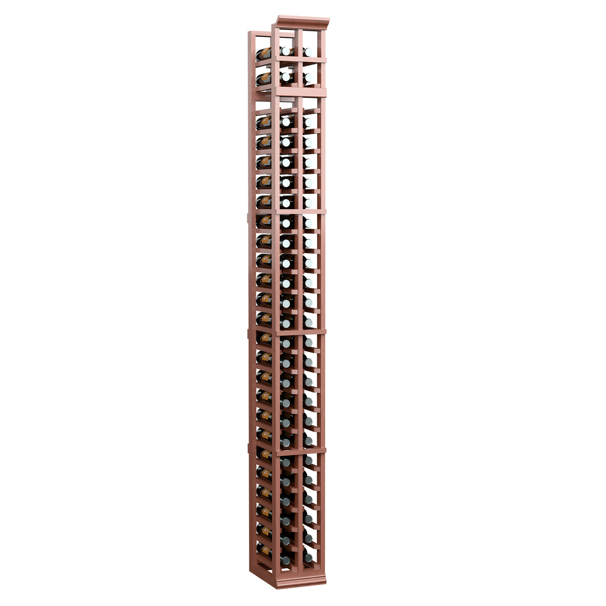 Two-column wine bottle rack with warm brown wooden frame and bottle holder grid