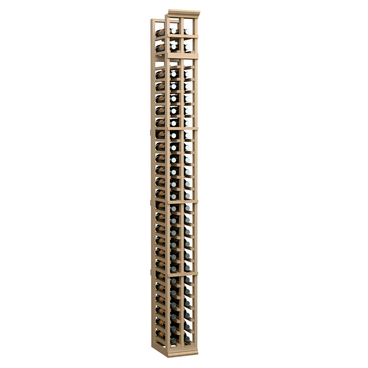 Two-column split wine bottle rack with light tan frame and grid bottle openings