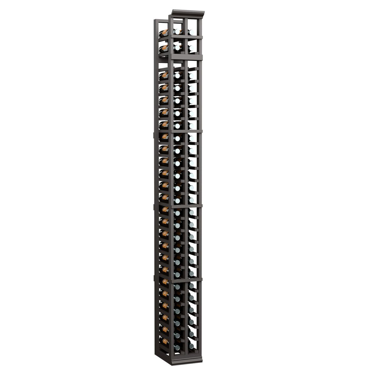 Two-column split wine bottle rack with dark frame and vertical bottle storage grid