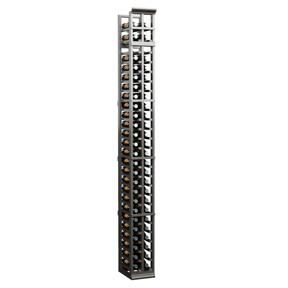 2-column split wine bottle rack with dark metal frame and bottle holder slots