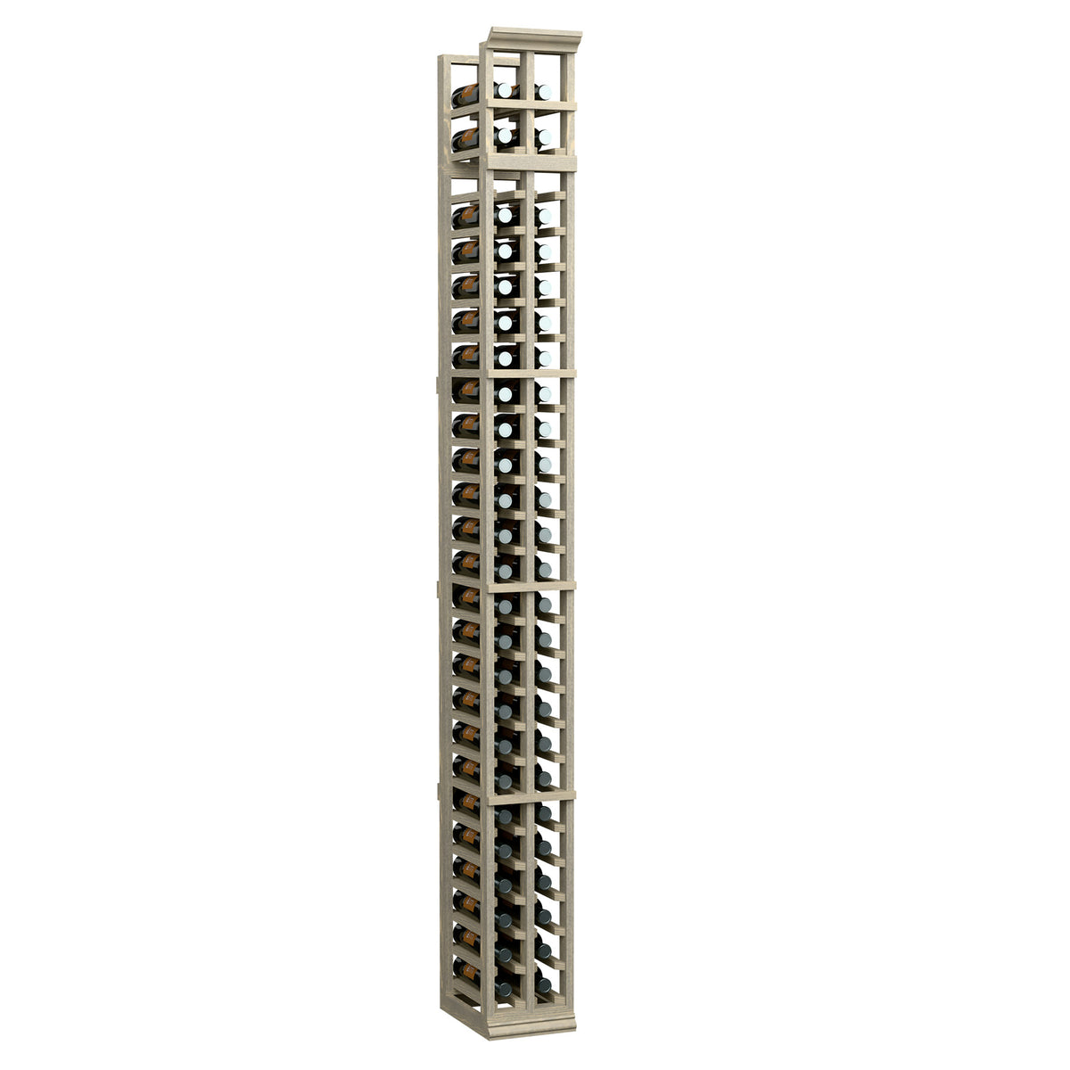 Two-column split bottle rack with light gray frame and divided bottle slots