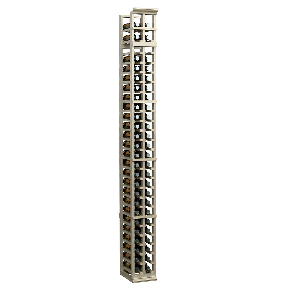 Tall two-column split bottle rack with light gray frame and bottle holder grid
