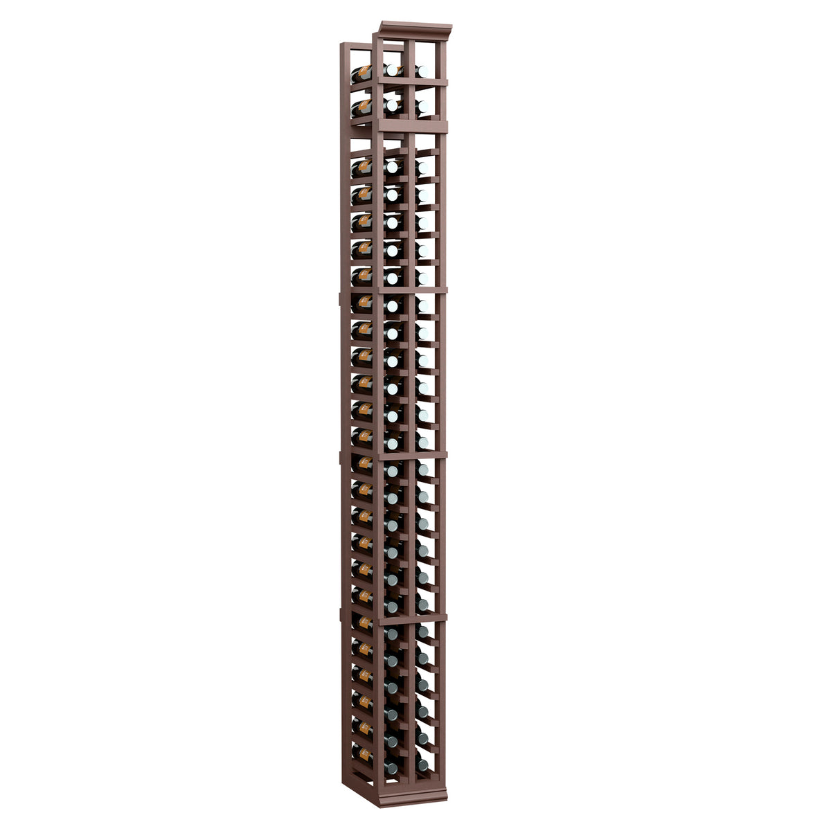 Two-column split bottle rack with dark brown frame and divided bottle slots