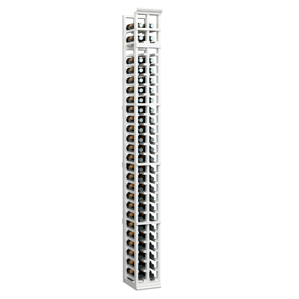 Tall two-column split bottle rack with white frame and two sided bottle slots
