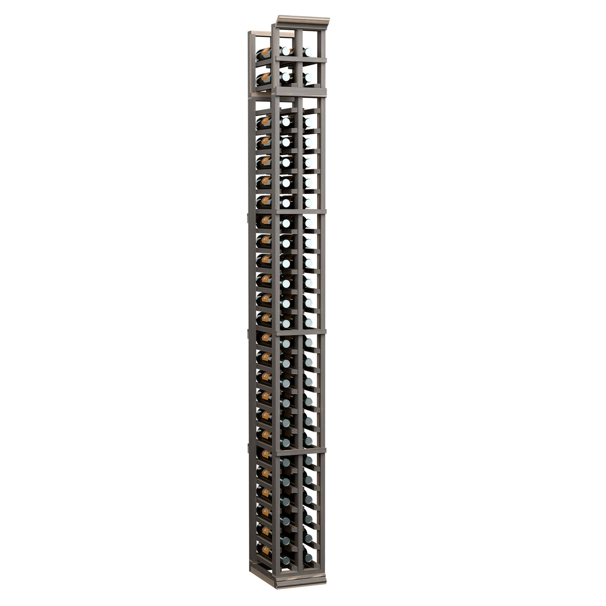 Two-column wine bottle rack with wood sides, metal grid, and bottle holders in dark finish