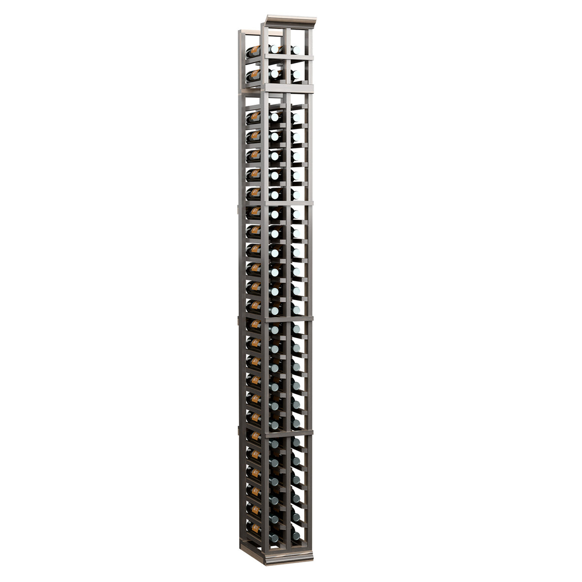 Two-column wine bottle rack with wood sides, metal grid, and bottle holders in dark finish
