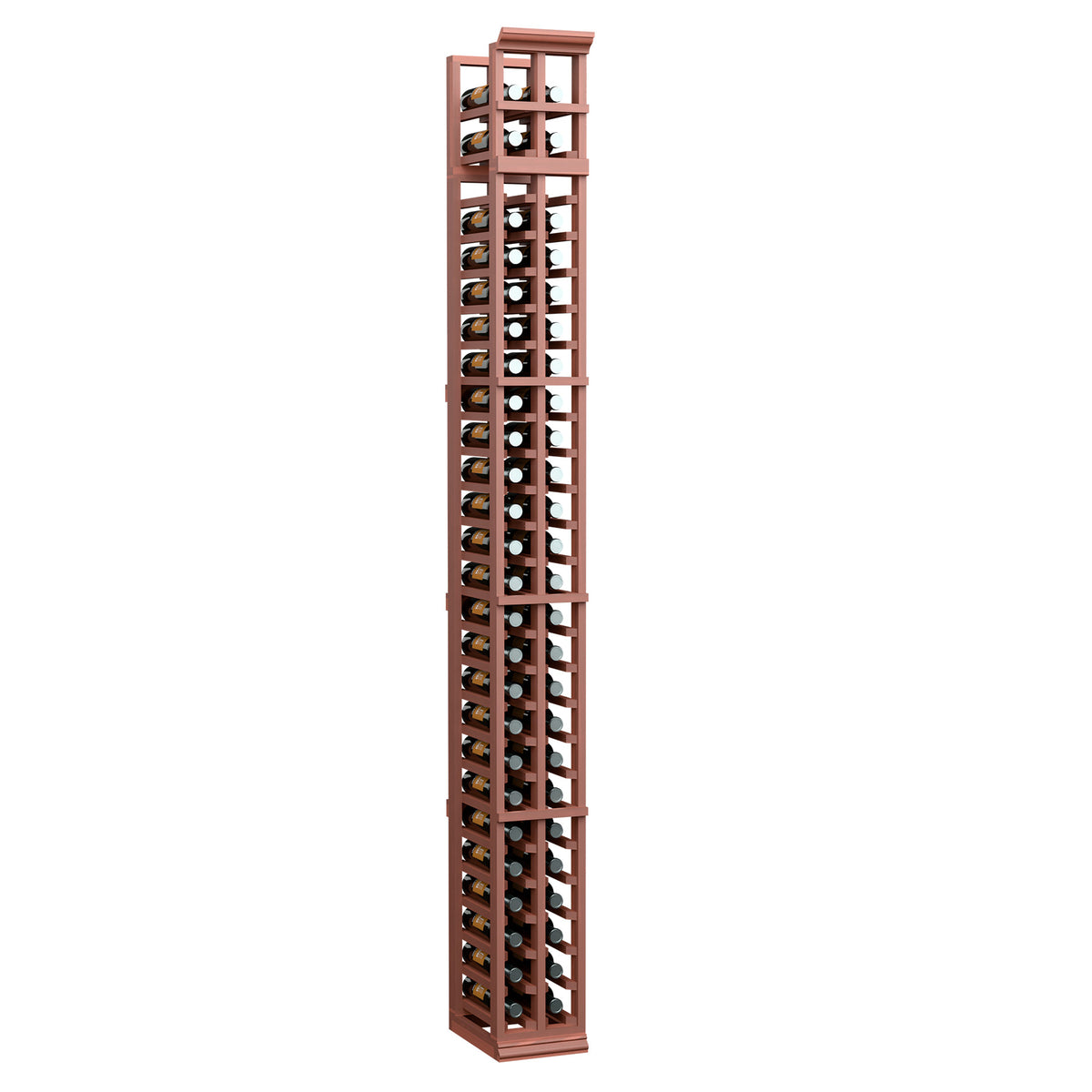 Two-column wine bottle rack with wood sides, metal grid, and bottle holders in red-brown finish