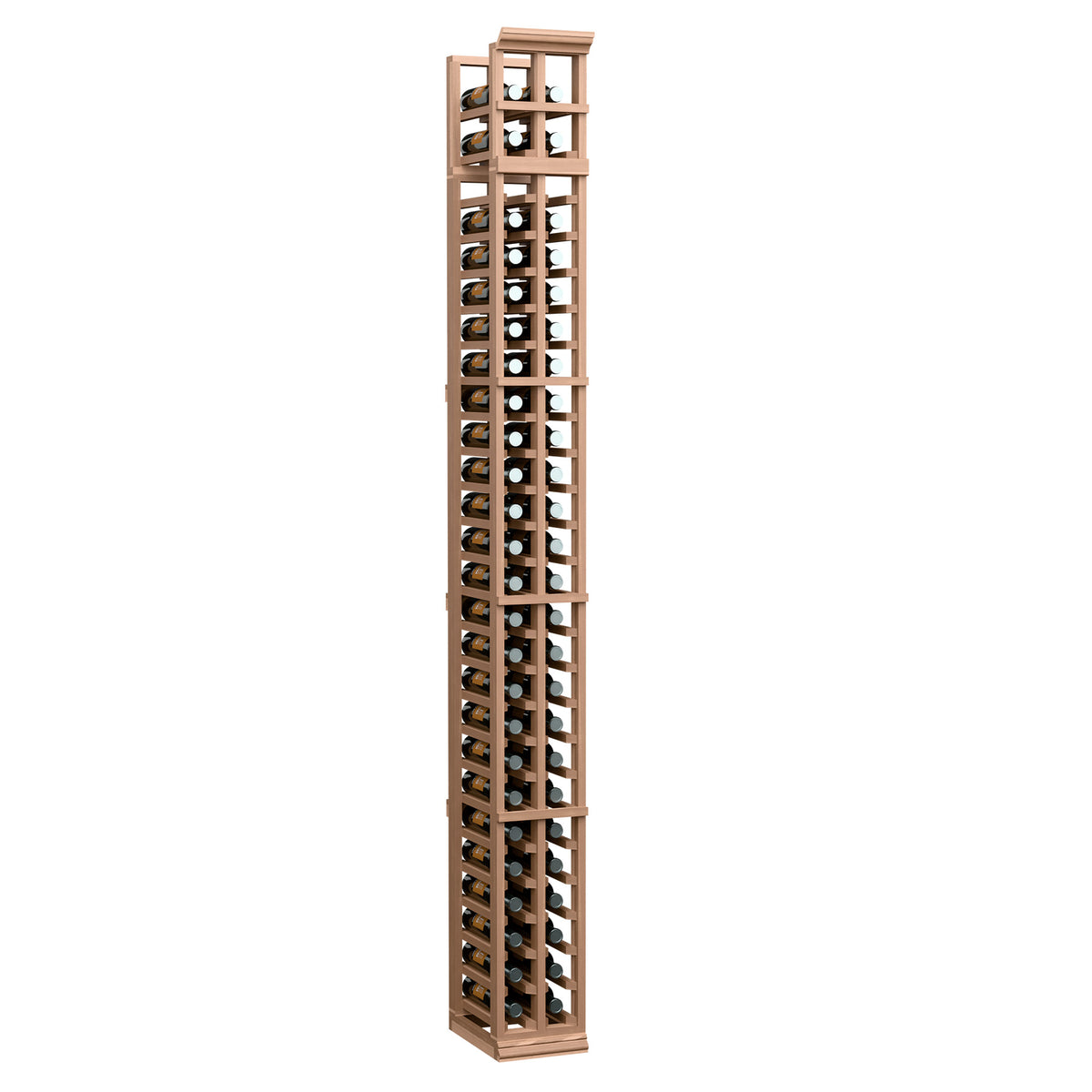 Two-column wine bottle rack with wood sides, metal grid, and bottle holders in light tan finish