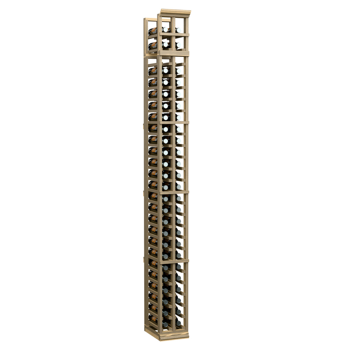 Two-column wine bottle rack with wood sides, metal grid, and bottle holders in warm natural finish