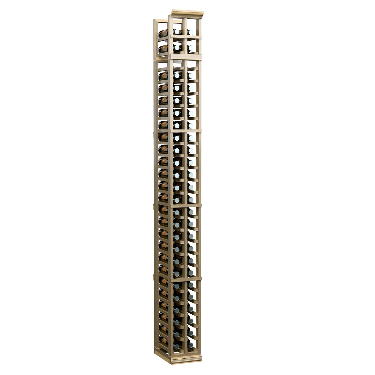 Two-column wine bottle rack with wood sides, metal grid, and bottle holders in warm natural finish