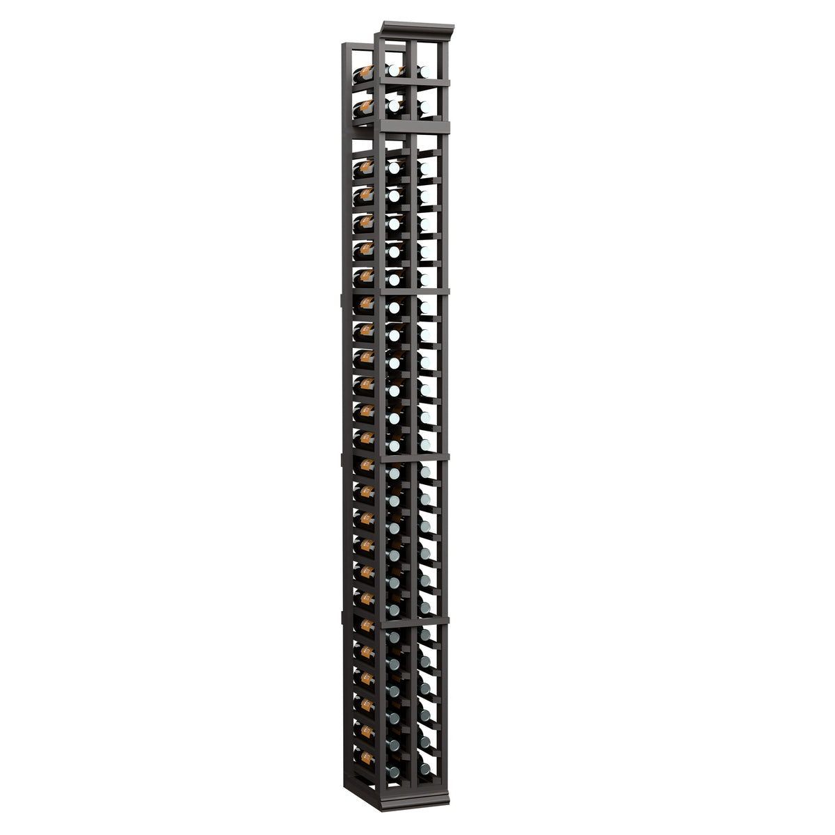Two-column wine bottle rack with wood sides, metal grid, and bottle holders in dark finish