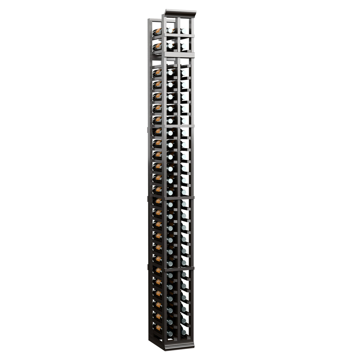 Two-column wine bottle rack with wood sides, metal grid, and bottle holders in dark finish