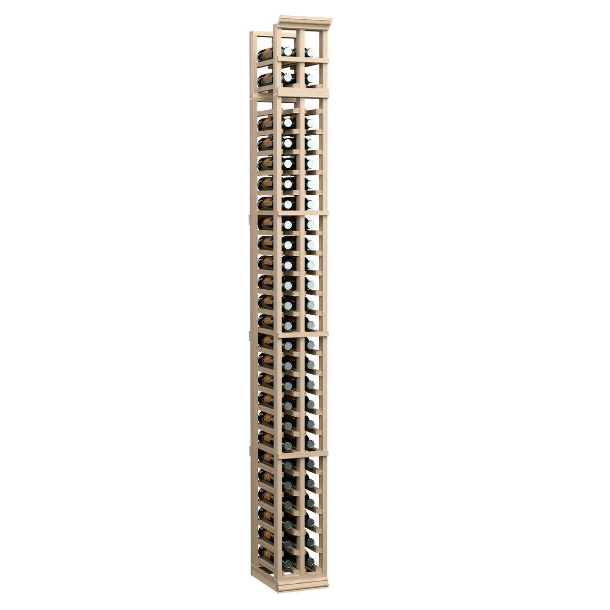 2-column split 7-ft wine bottle rack, natural wood, with bottle slots and dividers