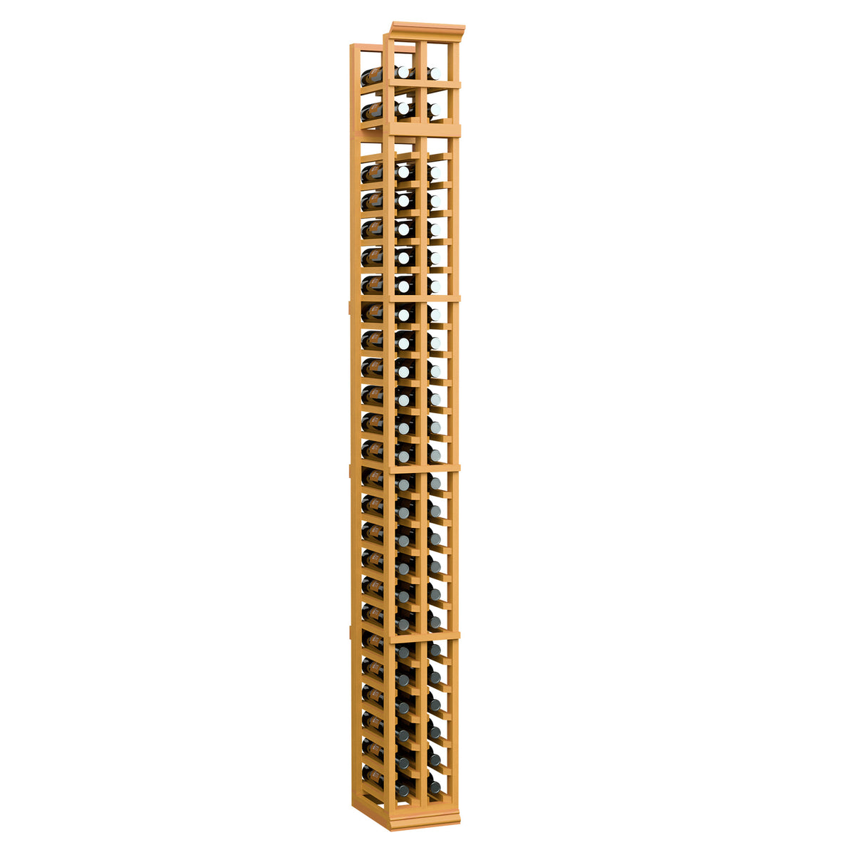 2-column split 7-ft wine bottle rack, golden wood, angled view showing bottle slot rows