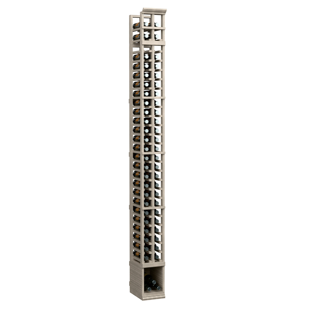 Two-column wine bottle rack with light wood frame and vertical bottle slots.