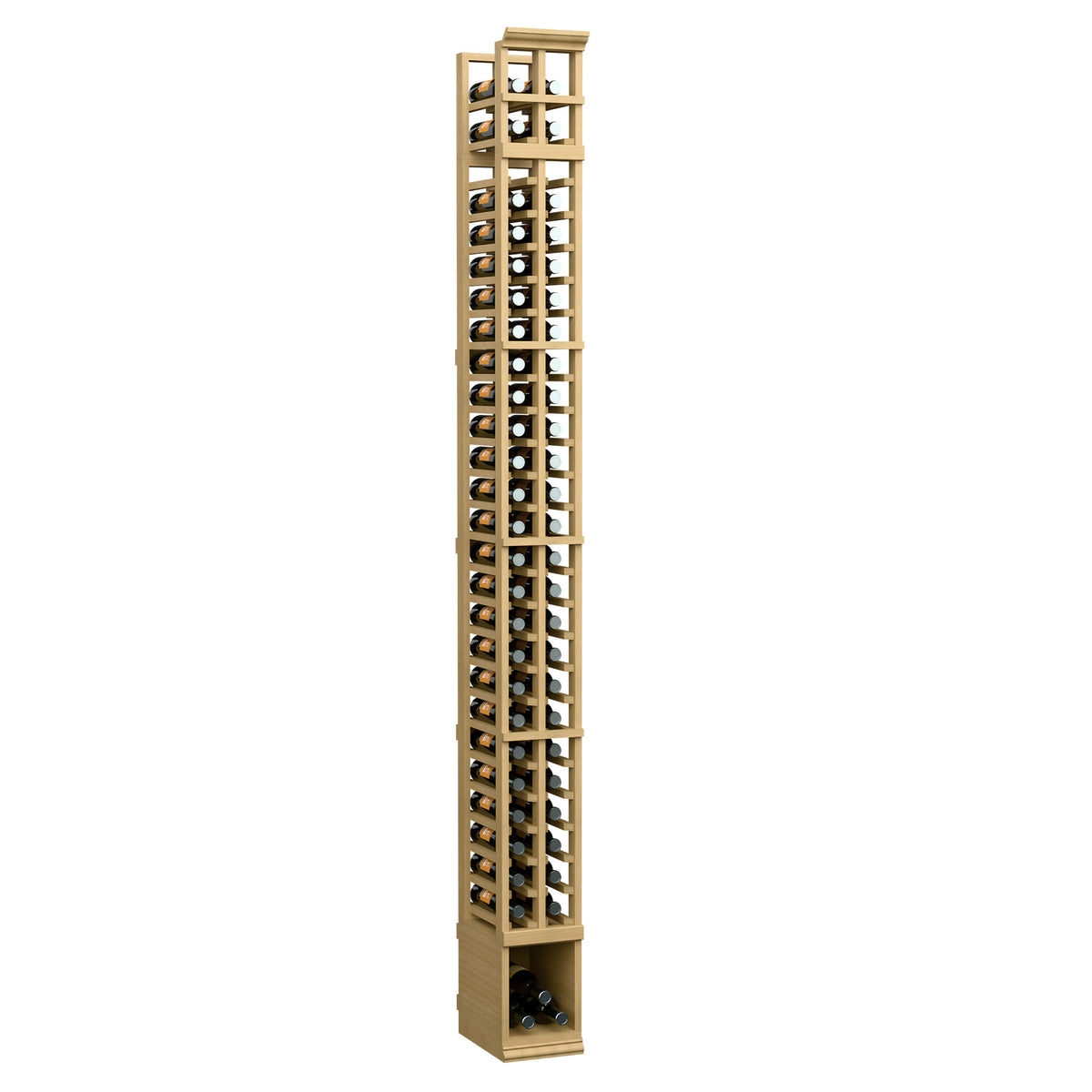 Two-column wine bottle rack with natural wood frame and vertical bottle slots.