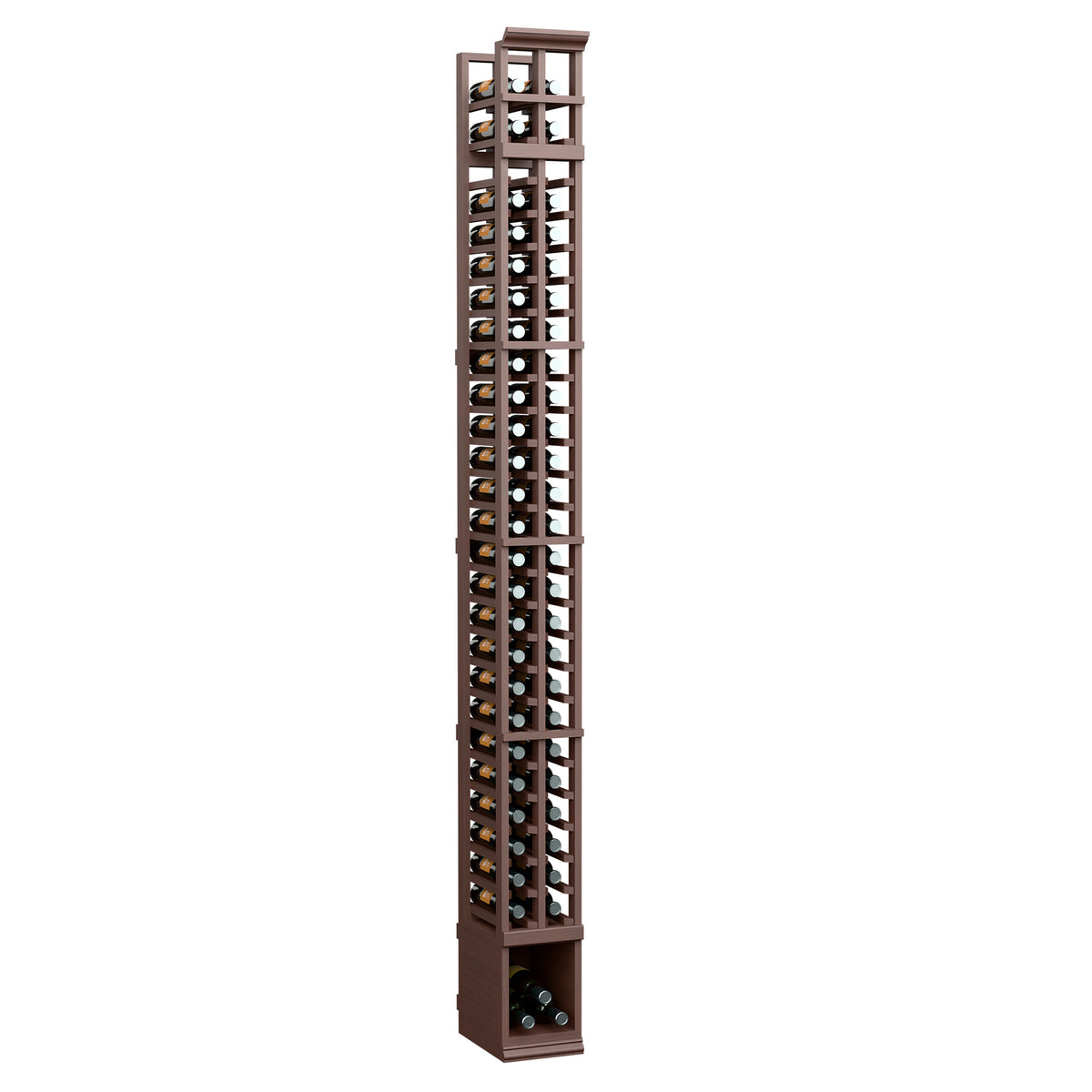 Two-column wine bottle rack with dark wood frame and vertical bottle slots.