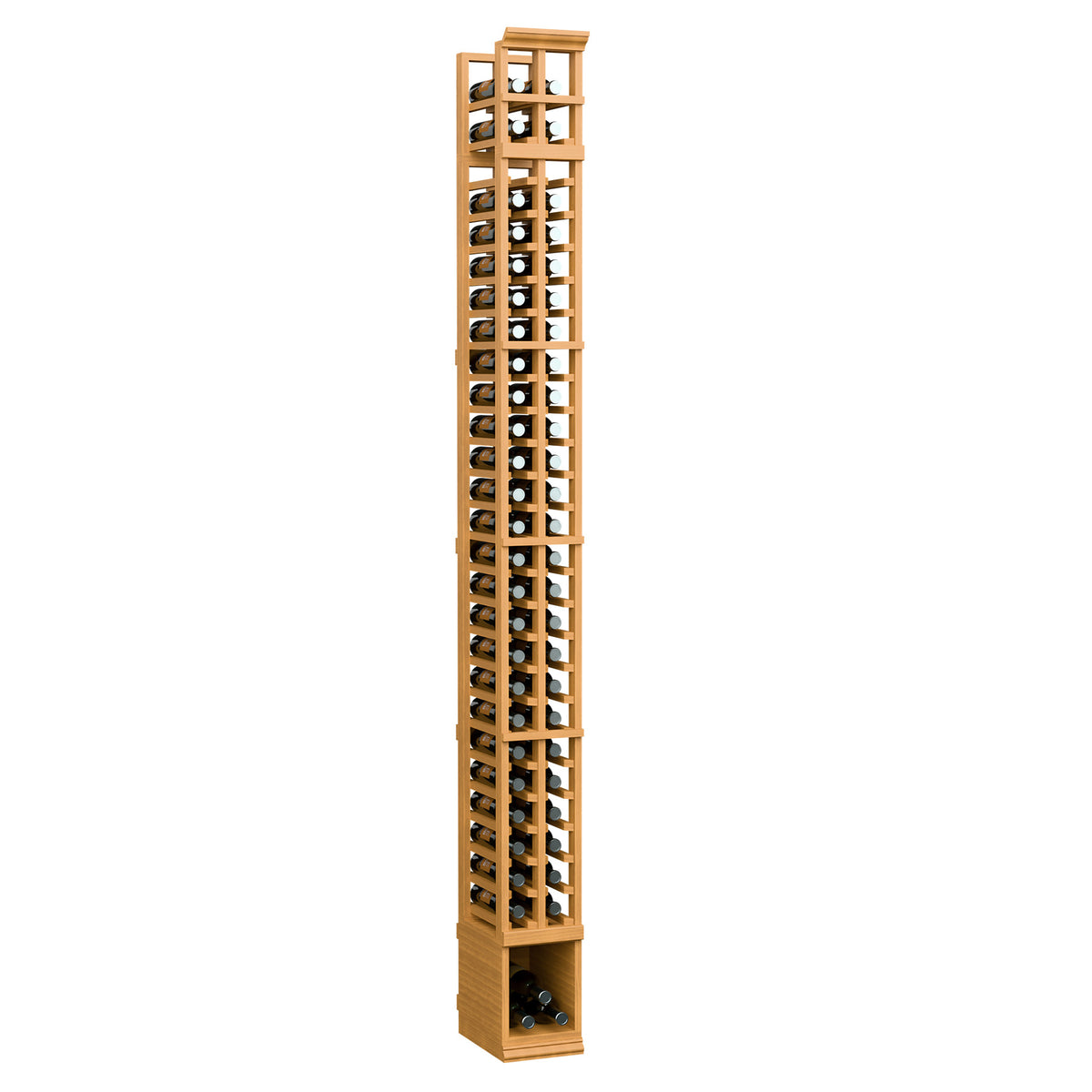 Two-column wine bottle rack with light honey-colored wood frame and bottle slots.