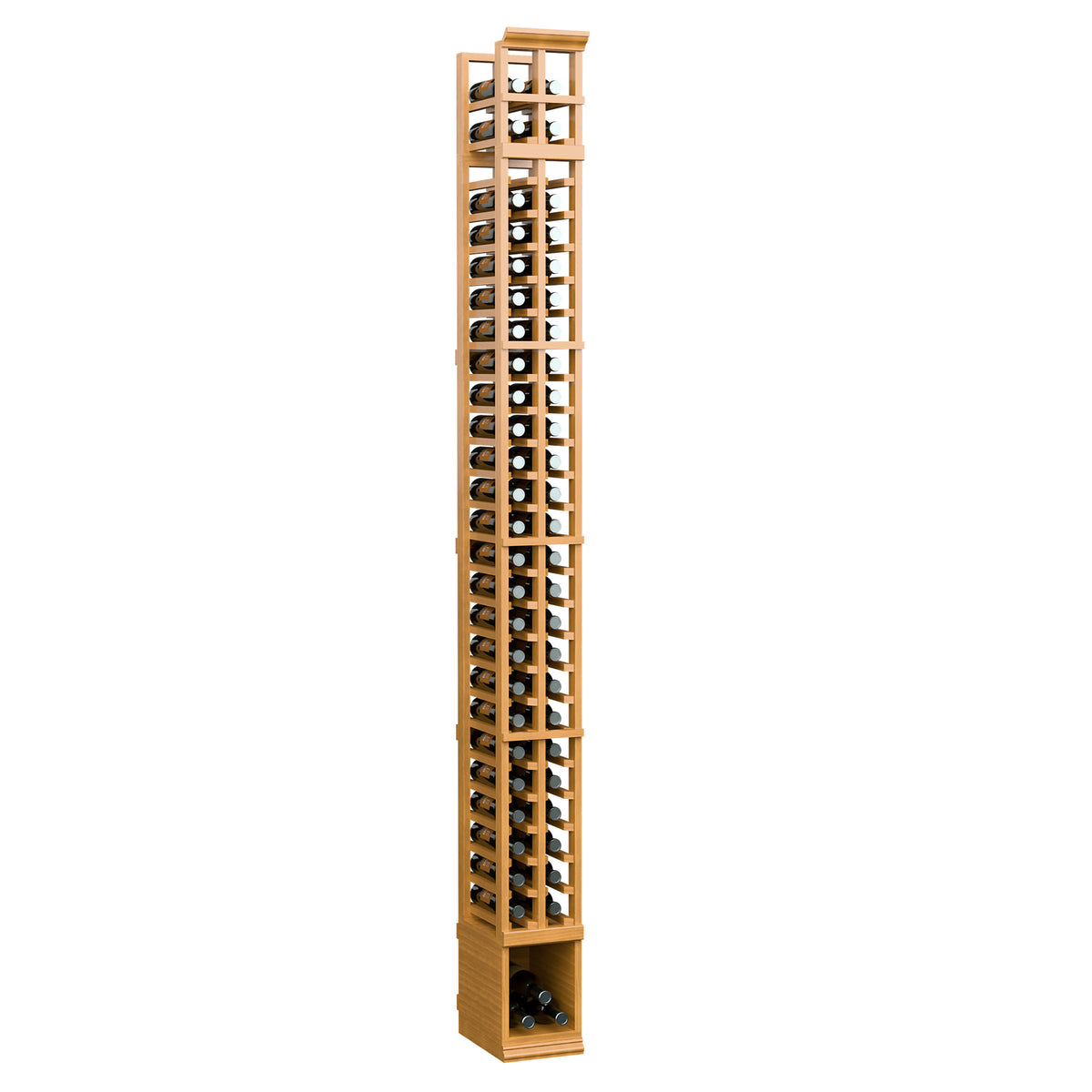 Two-column wine bottle rack with pale honey wood frame and vertical bottle slots.