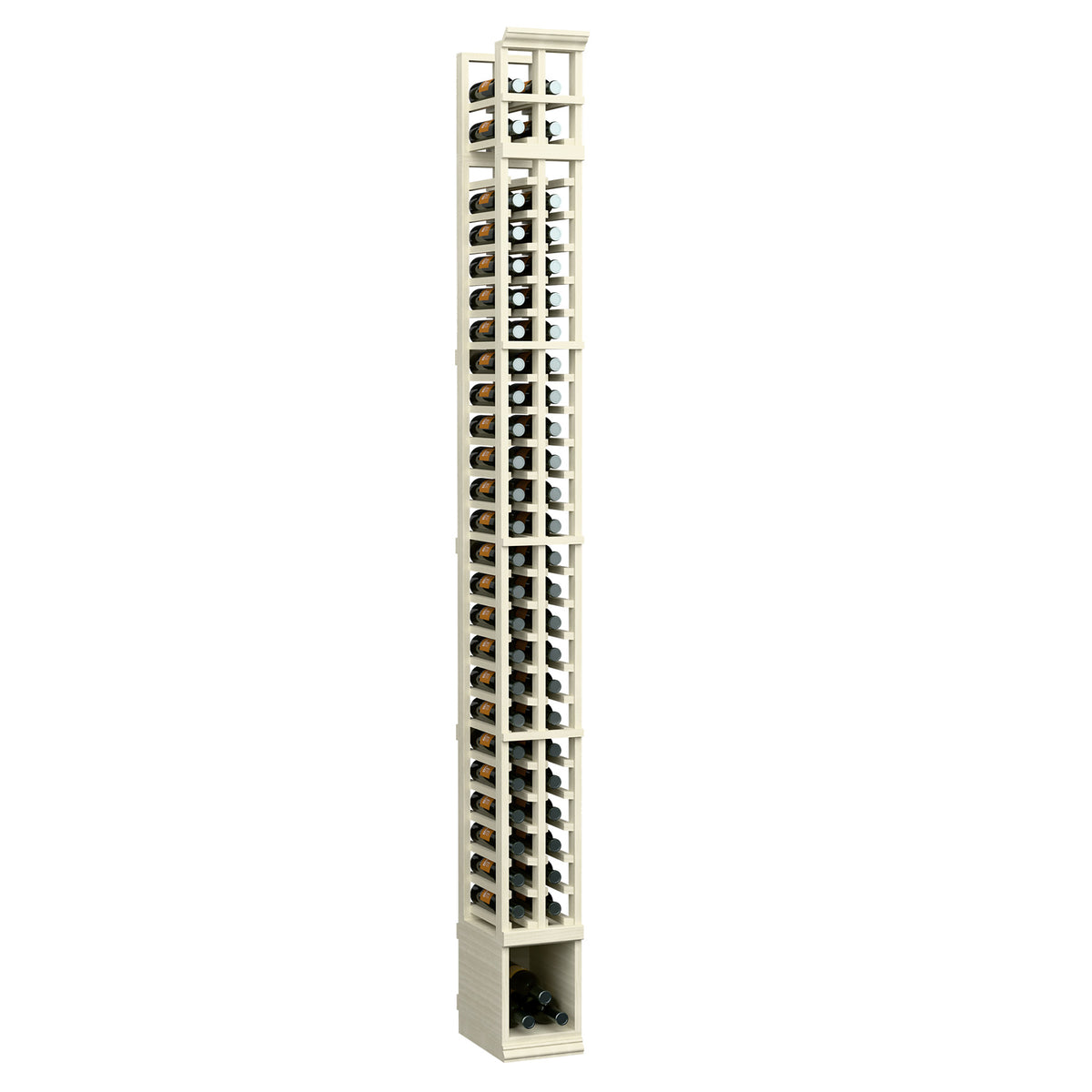 Two-column wine bottle rack with whitewashed wood frame and vertical bottle slots.