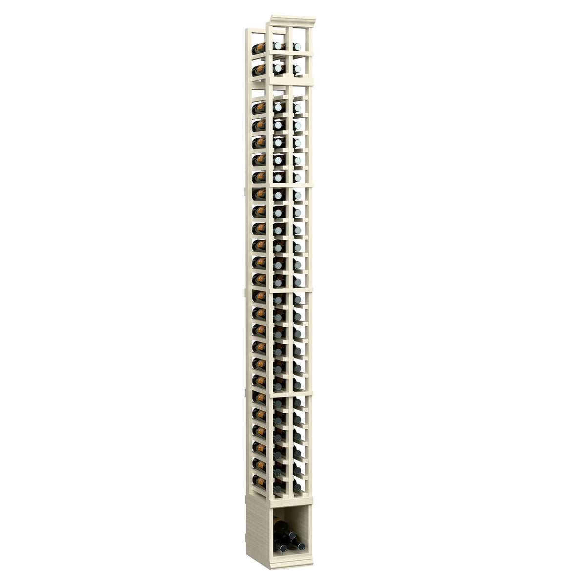 Two-column wine bottle rack with white wood frame and vertical bottle slots.